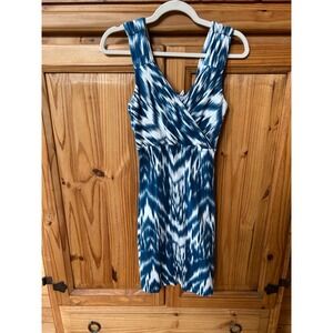 Aventura Women Blue White Ikat Organic Cotton Modal Wrap Neck Mini Dress Medium